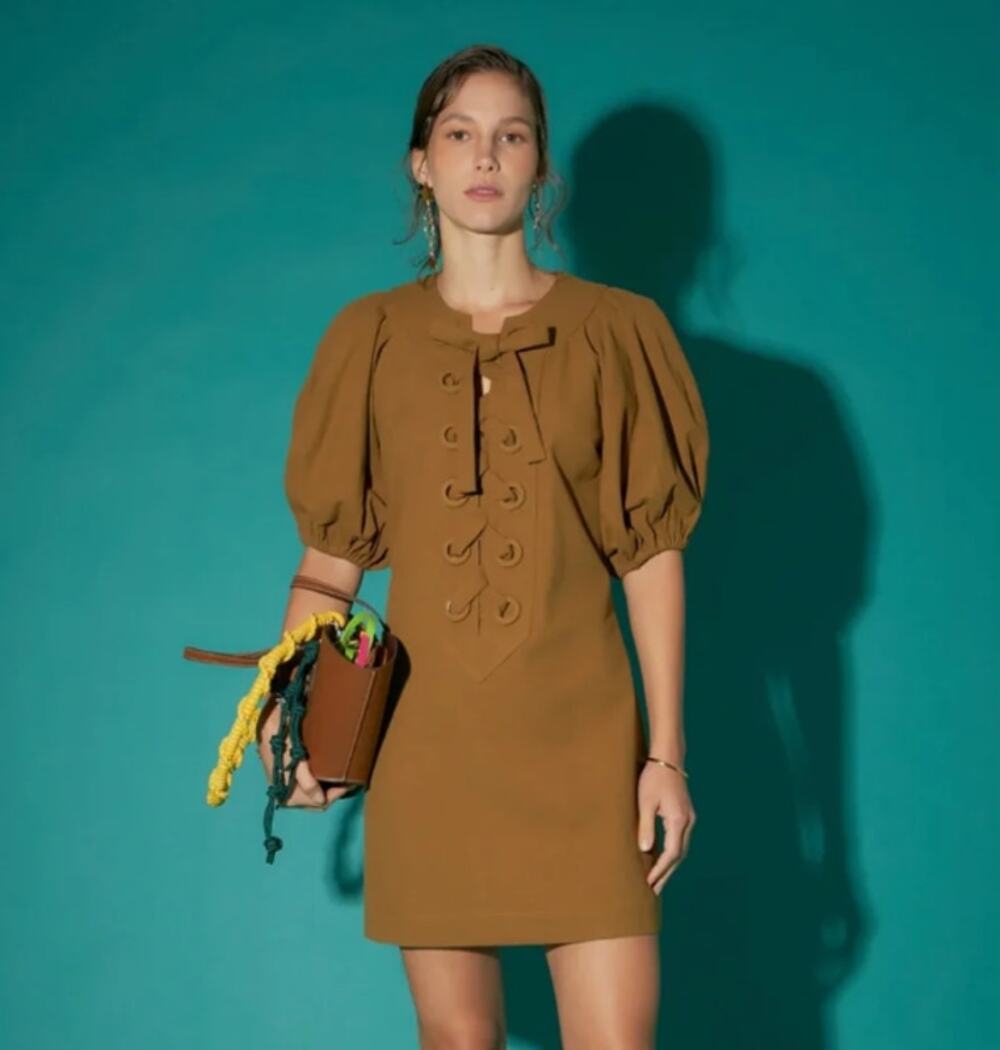 English Factory Lace-Up Front Puff Sleeve Mini dress Olive Coquette M 4077